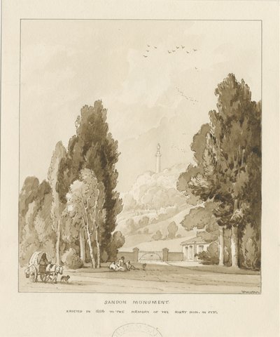 सैंडन - विलियम पिट का स्मारक: सीपिया वाश ड्राइंग, 1838 द्वारा थॉमस पेप्लो लकड़ी