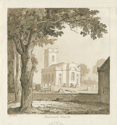 स्मेथविक चर्च: सीपिया ड्राइंग, 1836 द्वारा थॉमस पेप्लो लकड़ी