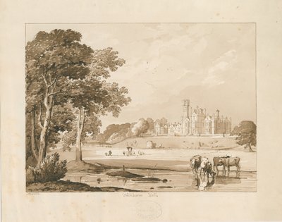 "थिकबरूम हॉल" [मैनली हॉल]: सीपिया वॉश ड्राइंग, 1837 द्वारा थॉमस पेप्लो लकड़ी