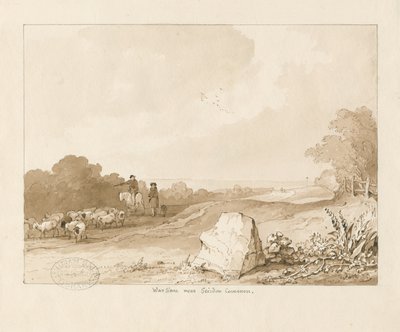 ट्राइसुल - "सीज़डन कॉमन के पास वॉर स्टोन": पेन और सीपिया वॉश ड्राइंग, 1837 द्वारा थॉमस पेप्लो लकड़ी