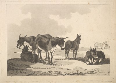 ए ग्रुप ऑफ़ फाइव डोंक्स, थ्री स्टैंडिंग, टू लाइंग, 1783-87। द्वारा थॉमस रोलैंड्सन