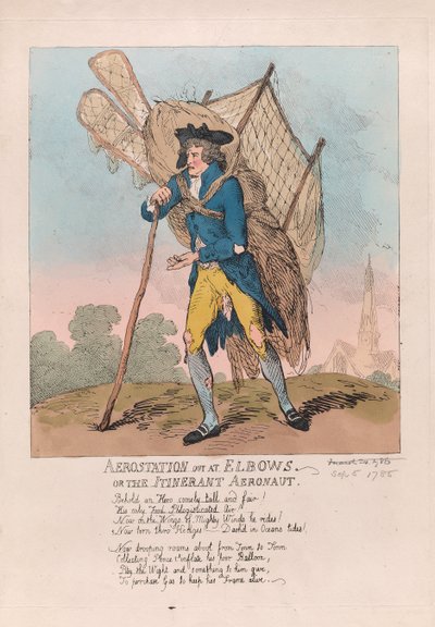 Elbows या Itinerant Aeronaut, पब में एरोटेशन 1785 (हाथ के रंग की नक्काशी) द्वारा थॉमस रोलैंड्सन