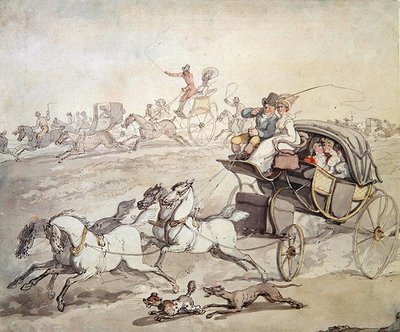 खुली घास के मैदान में पूरी गति से गाड़ी और सवार, c.1800 (कागज पर धोने के साथ कलम और स्याही) द्वारा थॉमस रोलैंड्सन