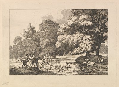 हिरण शिकार - 1787 में एक नदी में स्टैग और हाउंड्स के साथ एक लैंडस्केप सीन। द्वारा थॉमस रोलैंड्सन