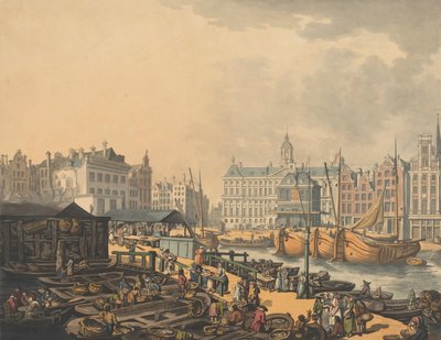 फेयगे बांध, एम्स्टर्डम में मछली बाजार के हिस्से के साथ, 1797। द्वारा थॉमस रोलैंड्सन