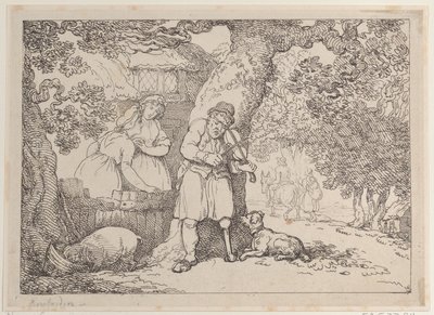 फिडलर, सेलर, टू वीमेन एंड ए पिग बाय ए कॉटेज, 1816., 1816। द्वारा थॉमस रोलैंड्सन