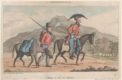 फ्रंटिसपीस: द मिलिट्री एडवेंचर्स ऑफ जॉनी न्यूको..., 1815 से अपनी रेजिमेंट में शामिल होना शुरू करना। द्वारा थॉमस रोलैंड्सन