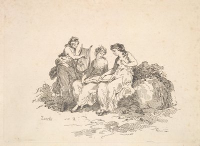 सद्भाव - दो अप्सरा गायन, एक और बजाना एक गीत, 1784-88। द्वारा थॉमस रोलैंड्सन