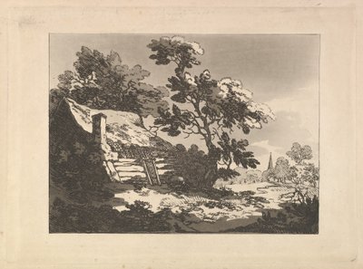 लेफ्ट के पेड़ों के बीच कॉटेज के साथ लैंडस्केप, और दायीं ओर 1783-84 में एक दूर का चर्च का शिखर। द्वारा थॉमस रोलैंड्सन