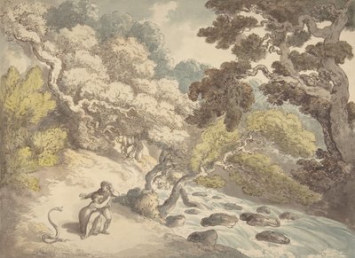 1775-1827 में सांप से डरे हुए जलधारा और किनारे पर एक युगल के साथ लैंडस्केप। द्वारा थॉमस रोलैंड्सन
