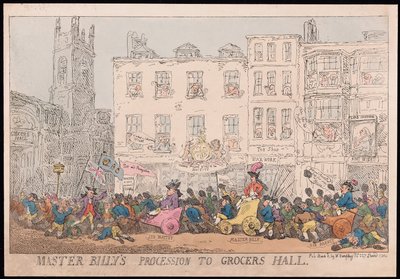 मास्टर बिली जुलूस ग्रॉसर्स हॉल, पब। 1784 (हाथ के रंग का उत्कीर्णन) द्वारा Thomas Rowlandson