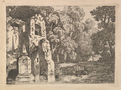 वुड्स लैंडस्केप में पूल के बगल में खंडहर, 1783-84। द्वारा थॉमस रोलैंड्सन