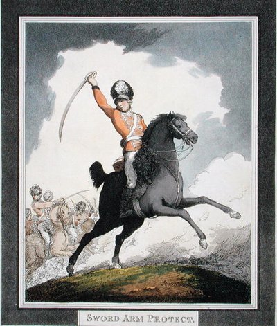स्वॉर्ड आर्म प्रोटेक्ट, 'हंगेरियन एंड हाइलैंड ब्रॉडस्वॉर्ड' से, 1798 में प्रकाशित (एक्वाटिंट) द्वारा थॉमस रोलैंड्सन