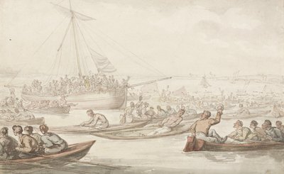 डॉगगेट के कोट और बैज के लिए वार्षिक स्केलिंग रेस, c.1805-10 (कागज पर पेंसिल, पेन, स्याही और पानी के रंग) द्वारा थॉमस रोलैंड्सन