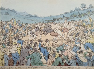 क्राइब और मोलिनो के बीच आखिरी मिलिंग मैच, 28 सितंबर 1811 (रंग उत्कीर्णन) द्वारा थॉमस रोलैंड्सन