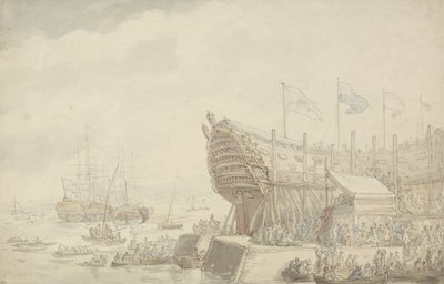 Devonport में HMS &39;Hibernia&39; की लॉन्चिंग, c.1804 (कागज पर पेन और स्याही और वॉटर कलर) द्वारा थॉमस रोलैंड्सन