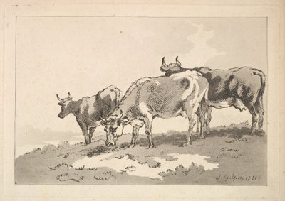 1784-87 में एक खेत की कटाई पर खड़ी तीन गायें। द्वारा थॉमस रोलैंड्सन