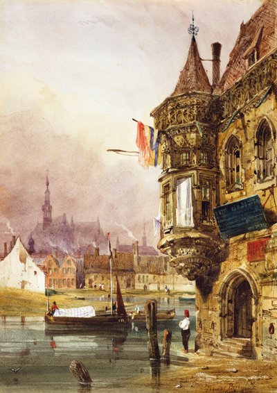 1833 से परे, लेय नदी पर बजारों के साथ एक इमारत, गेंट के पास एक आकृति द्वारा थॉमस शॉटर बॉयज़