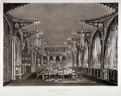 कार्लटन हाउस, वेस्टमिंस्टर, लंदन, 1819 में गॉथिक डाइनिंग रूम का आंतरिक दृश्य द्वारा थॉमस सदरलैंड