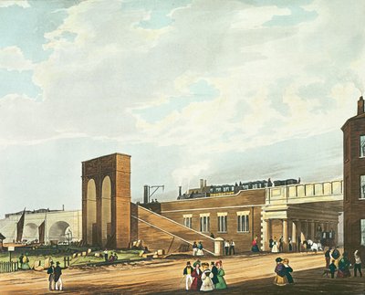 मैनचेस्टर एक्रॉस वाटर स्ट्रीट में प्रवेश, हेनरी पायल (1795-1833) द्वारा उत्कीर्ण, एकरमैन und कंपनी, 1831 (रंगीन एक्वाटिंट) द्वारा प्रकाशित द्वारा थॉमस टैलबोट बरी