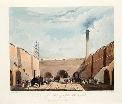 एज हिल, लिवरपूल, 1831 में रेलवे का प्रवेश (हाथ के रंग का उत्कीर्णन) द्वारा थॉमस टैलबोट बरी