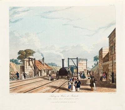 'टेकिंग इन वॉटर एट पार्कसाइड', लिवरपूल और मैनचेस्टर रेलवे, 1833। द्वारा थॉमस टैलबोट बरी