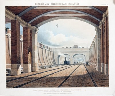 हेम्पस्टेड रोड ब्रिज के नीचे से देखा गया, जो Euston Square, 1837 में स्टेशन की ओर देख रहा है (हाथ से बने हुए चित्र) द्वारा थॉमस टैलबोट बरी