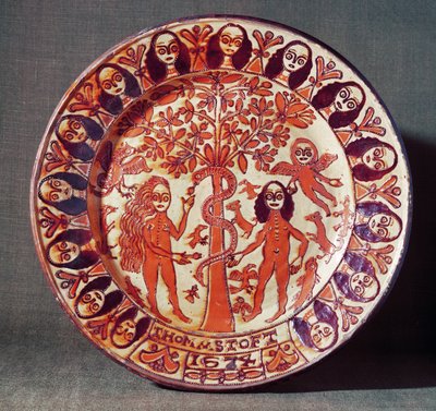 एडम एंड ईव स्लिपरवेयर डिश, नॉर्थ स्टैफ़ोर्डशायर, 1674 द्वारा थॉमस टॉफ्ट