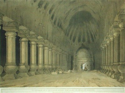 साल्सेट द्वीप पर एक उत्खनित हिंदू मंदिर का आंतरिक भाग, 'ओरिएंटल सीनरी: ट्वेंटी फोर व्यूज़ इन हिंदुस्तान' से प्लेट 63, प्रकाशित 1800 (कलर लिथो) द्वारा थॉमस और विलियम डेनियल