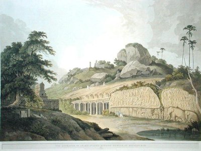 मावलीपुरम में एक खुदाई वाले हिंदू मंदिर का प्रवेश, 'ओरिएंटल सीनरी: ट्वेंटी फोर व्यूज़ इन हिंदोस्तान' से प्लेट 53, 1797 में प्रकाशित (कलर लिथो) द्वारा थॉमस और विलियम डेनियल