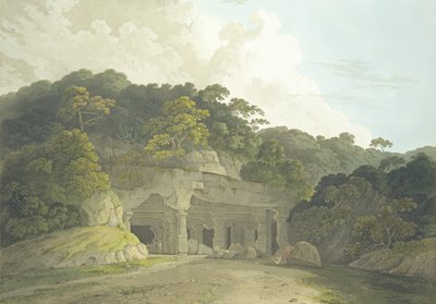 एलिफेंटा गुफा के लिए प्रवेश द्वार, &39;ओरिएंटल सीन: ट्वेंटी फोर व्यूज़ इन हिंदोस्तान&39; से प्लेट 58, प्रकाशित 1800 द्वारा थॉमस और विलियम डेनियल