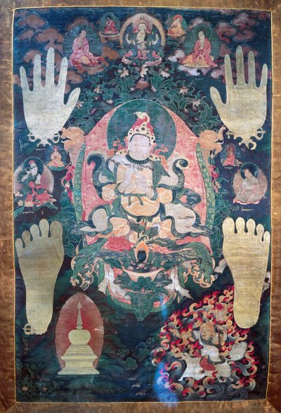 ज्ञान-ख्री बत्सन-पो, तिब्बत के महान प्रथम राजा, बोधिसत्व अवलोकितेश्वर का पुनर्जन्म, तिब्बत के अस्थायी और आध्यात्मिक नेताओं में से एक, कैनवास पर पेंटिंग, तिब्बती सभ्यता द्वारा तिब्बती स्कूल