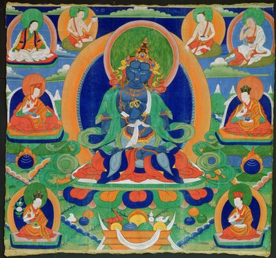 थिबुका पेंटिंग आदिबुद्ध वज्रधारा (आरजे चांग) को दर्शाती है, तिब्बती, 19 वीं शताब्दी (कैलिको पर विचलित) द्वारा तिब्बती स्कूल