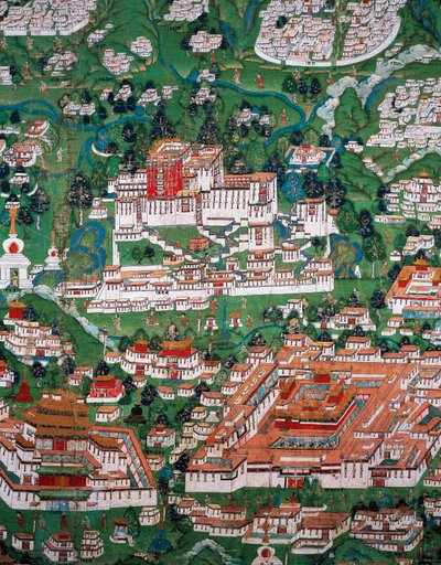 ल्हासा और पोताला शहर, रंगीन नक्काशी द्वारा तिब्बती स्कूल