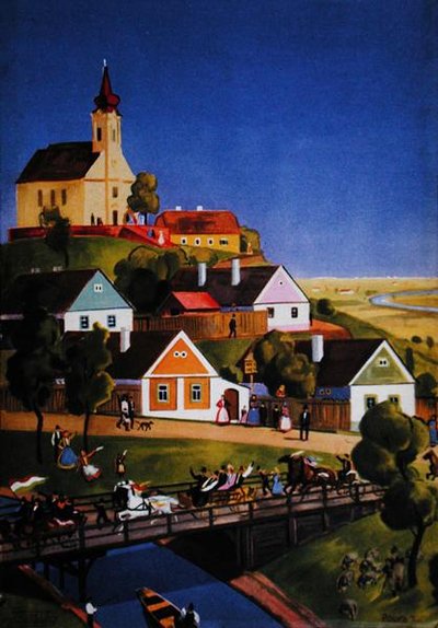 ठेठ हंगेरियन गांव, एक पर्यटक विवरणिका से चित्रण, c.1930-40 (रंग लिथो) द्वारा तिबोर पोल्या