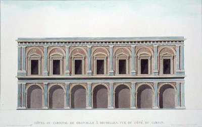 कार्डिनल डी ग्रेनवेल (1517-86) का निवास, ब्रुसेल्स, गार्डन से देखें, पियरे जैक्स गोएटघेब्यूर द्वारा 'सबसे उल्लेखनीय स्मारकों की पसंद, इमारतों और सदनों के राज्य' से, 1827 में प्रकाशित (एक्वाटिंट) (यह भी देखें 189226) द्वारा तिलमन फ्रेंकोइस (बाद में) सुइसो