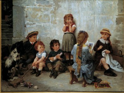 रोमांचकारी मार्ग बच्चे किताब सुनते हुए। टिमोलियन लोब्रिचोन (1831-1914) द्वारा 19वीं सदी की पेंटिंग। निजी संग्रह द्वारा टिमोलियन-मैरी लॉब्रिकॉन