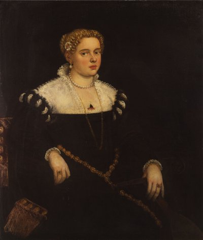 एक महिला की पोर्ट्रेट, तीन-चौथाई लंबाई, एक मेन्डोलिन धारण करना द्वारा Tintoretto