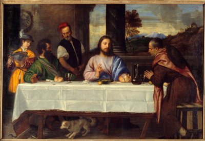एम्मॉस में रात्रिभोज पेलेरिन के साथ यीशु से मिलें। Tiziano Vecellio dit le Titian (1485-1576) द्वारा 16वीं सदी के सूर्य की पेंटिंग। 1,69x2,44 वर्ग मीटर द्वारा टिटियन (c.1488-1576)
