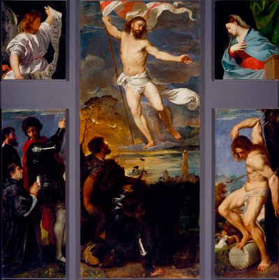 पुनरुत्थान "" वर्जिन "" "" सेंट सेबेस्टियन """ और प्रायोजक। Averoldi polyptych के पैनल। टिज़ियानो वेसेलियो द्वारा लकड़ी पर पेंटिंग जिसे टिटियन कहा जाता है (सीए। 1490-1576) 16 वीं शताब्दी ब्रेशिया, चर्च ऑफ सेंट्स द्वारा टिटियन (c.1488-1576)