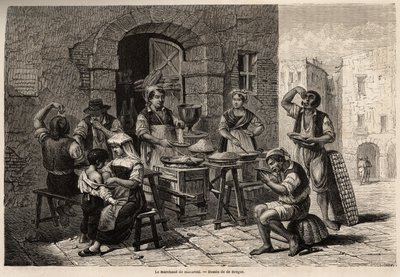 मार्क मोनियर (1829-1885) द्वारा 1861 में नेपल्स और नेपोलिटन्स को चित्रित करने के लिए बर्ग्यू द्वारा चित्रित मैकरोनी व्यापारी। "" ले टूर डू मोंडे "" 1861 में उत्कीर्णन। सेल्वा का संग्रह। द्वारा टोनी फ्रेंकोइस डे बर्ग