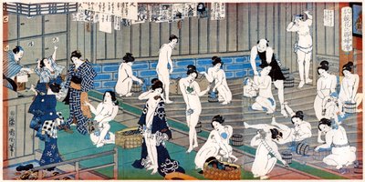 बाथ हाउस का दृश्य, टॉयोहारा कुनिचिका, 19 वीं शताब्दी का एक प्रिंट द्वारा Toyohara Kunichika