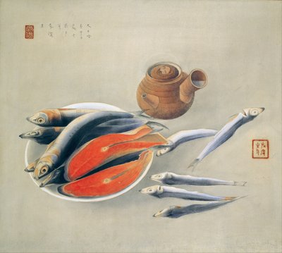 स्थिर जीवन। सामन स्लाइस और सार्डिन, 1924 द्वारा त्सुचिदा बकुसेन