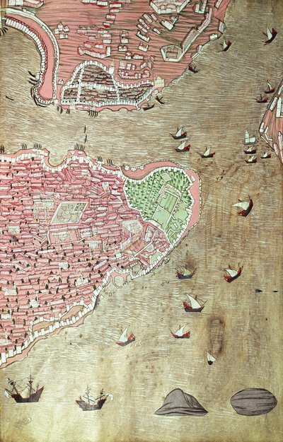एच 1523 fol.159v लोकमैन द्वारा हुनरनाम से टोपकापी पैलेस और बोस्फोरस स्ट्रेट्स, इस्तांबुल का दृश्य, 1558 (कागज पर कलम और स्याही और गौचे) (यह भी देखें 229557) द्वारा तुर्की स्कूल
