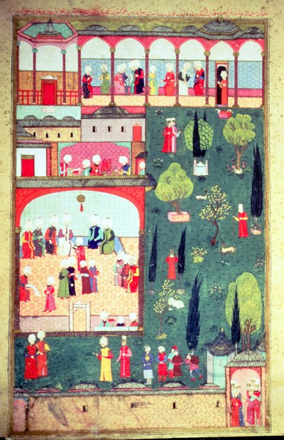 एच 1524 f.242r लोकमान द्वारा &39;हुनरनाम&39; से टोपकापी पैलेस में मंत्रियों की परिषद, 1588 द्वारा तुर्की स्कूल