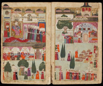 ले कोरोननेमेंट डु सुल्तान ओटोमन मेहमत III (1566-1603) या पलाइस टोपकापी, 1595 में - 1595 में टोपकापी पैलेस में मेहमेद III का राज्याभिषेक (हंगरी में पांडुलिपि मेहमेद III के अभियान से) - तुर्की मास्टर - सीए। 1600 - कागज पर जल रंग और स्याही - The द्वारा तुर्की स्कूल