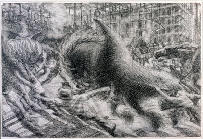 भविष्यवाद: "" ला सिट्टा चे डर्टी"" (आरोही शहर)। Umberto Boccioni (1882-1916) द्वारा कार्डबोर्ड पर आरेखण द्वारा अम्बर्टो बोकोनि