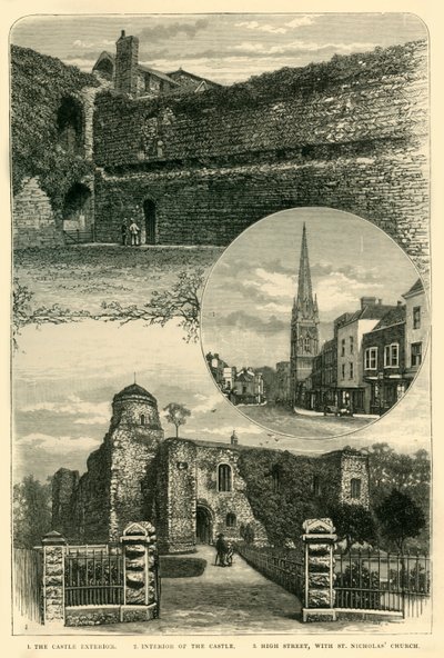 1. महल बाहरी। 2. महल का आंतरिक भाग। 3. सेंट निकोलस चर्च, 1898 के साथ हाई स्ट्रीट द्वारा अज्ञात