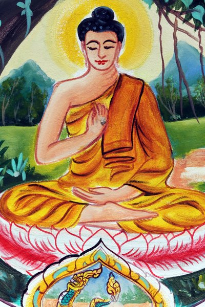 20151029, वियनतियाने, लाओस: वाट इनपेंग बौद्ध मंदिर। शाक्यमुनि बुद्ध की जीवन गाथा को दर्शाती पेंटिंग। टीचिंग बुद्धा बुद्ध के जीवन में एक विशेष क्षण को दर्शाता है, अर्थात्, बुद्ध ने आत्मज्ञान तक पहुंचने के बाद दिया पहला उपदेश द्वारा अज्ञात