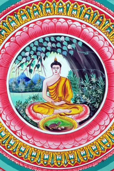 20151029, वियनतियाने, लाओस: वाट इनपेंग बौद्ध मंदिर। शाक्यमुनि बुद्ध की जीवन गाथा को दर्शाती पेंटिंग। ध्यान मुद्रा में बैठे बुद्ध द्वारा अज्ञात